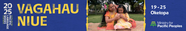 Dark blue banner with Vagahau Niue in bold yellow on the left, a photo of two people sitting on a mat is slightly off centre with the words 19-25 Oketopa to the right of the banner. The 2025 Pacific Language Weeks and Ministry for Pacific Peoples logos are featured. 