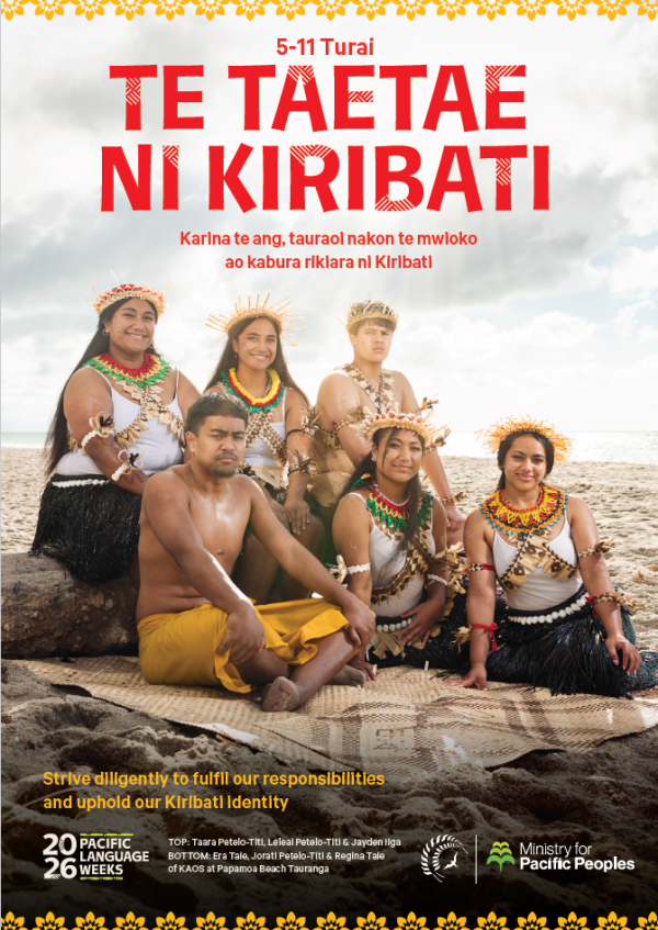 A poster for Kiribati Language Week 2026, showing a group of young Kiribati people in traditional attire gathered at a beach