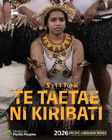 A graphic for Kiribati Language Week, showing three young Kiribati women in traditional attire, with text overlay with dates and details