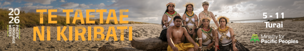 A graphic for Kiribati Language Week, showing a group of young Kiribati people gathered at a beach wearing traditional attire