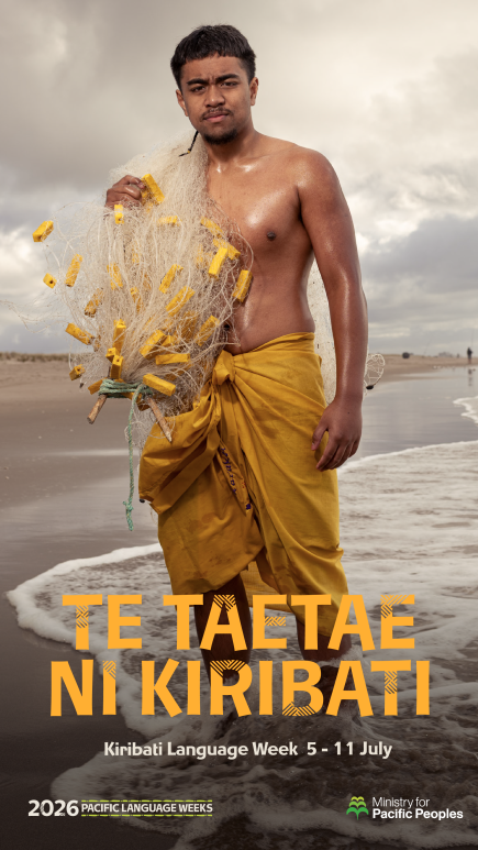 A graphic for Kiribati Language Week, with a strong portrait of a young man in Kiribati attire standing on the beach in an incoming tide