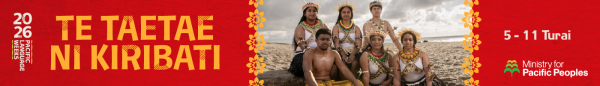 A Kiribati Language Week graphic showing a group of young Kiribati people in traditional attire gathered at the beach