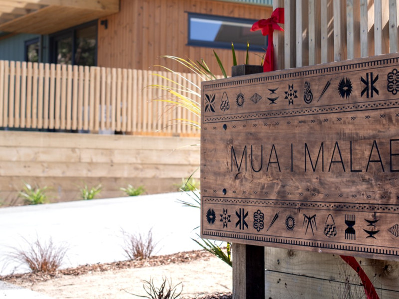 A sign that says 'Ma I Malae' outside a fale